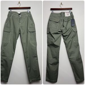 True Religion Mens Cargo Pants Size 28 Green Cotton Pockets Contrast Stitching